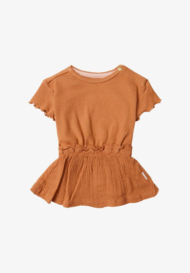 Rostfarbener Kurzarm-Top mit geripptem Muster und geraffter Taille. Mit rundem Halsausschnitt und gerüschten Ärmelsäumen.