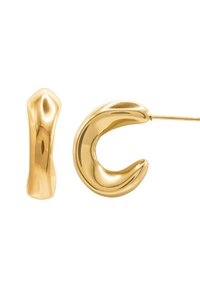 Orecchini in metallo color oro caratterizzati da una forma a barra allungata e liscia, con un design curvo e arrotondato e una finitura lucida.