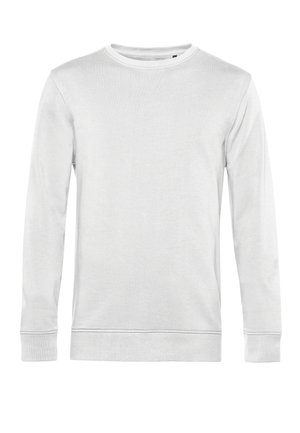 Weißer Langarm-Sweatshirt aus weichem Baumwollmaterial. Hat einen Rundhalsausschnitt sowie gerippte Bündchen und Saum. Glatte, einfarbige Textur ohne Muster.