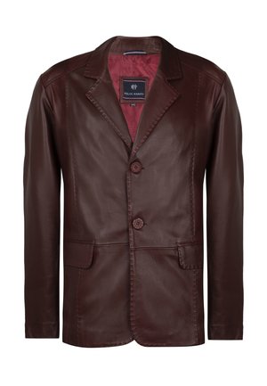 Braune Lederblazer mit glatter Textur, Reverskragen, zwei Knöpfen und zwei Vorderentaschen. Das Innere hat einen kontrastierenden roten Futter.