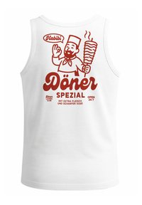 White tank top featuring red graphic design. Central illustration of a chef holding a döner kebab with text reading "Döner Spezial" and "Open 24/7."