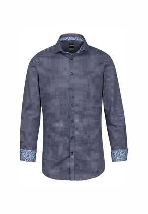 Dunkelblaues Langarmhemd mit geometrischem Muster, kontrastierender floralem Innenfutter an den Manschetten, Knopfleiste und klassischem Kragen.