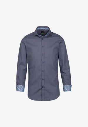 Camicia a maniche lunghe blu navy con un motivo geometrico, foderatura dei polsini floreale a contrasto, chiusura a bottoni sul davanti e colletto standard.