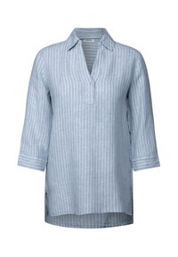 Camicia a righe blu chiaro in lino, con colletto, maniche a tre quarti e spacchi laterali per facilitare i movimenti.