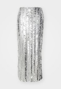 Jupe crayon en sequins argentés avec des rayures verticales, une silhouette ajustée et une texture lisse et brillante. Design élégant, convenant à des occasions formelles.