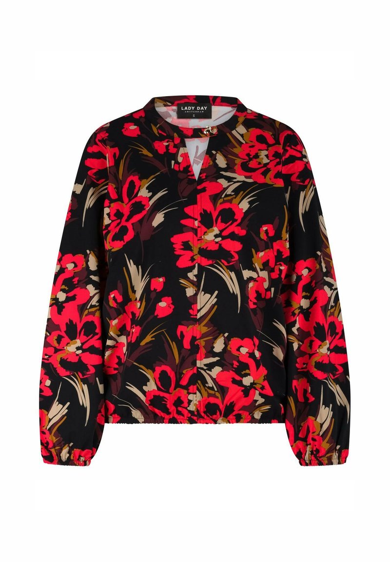 Zwarte bloes met bloemen in rood, beige en bruin. Heeft een relaxed fit, lange mouwen en een gebandezoom. V-hals ontwerp.