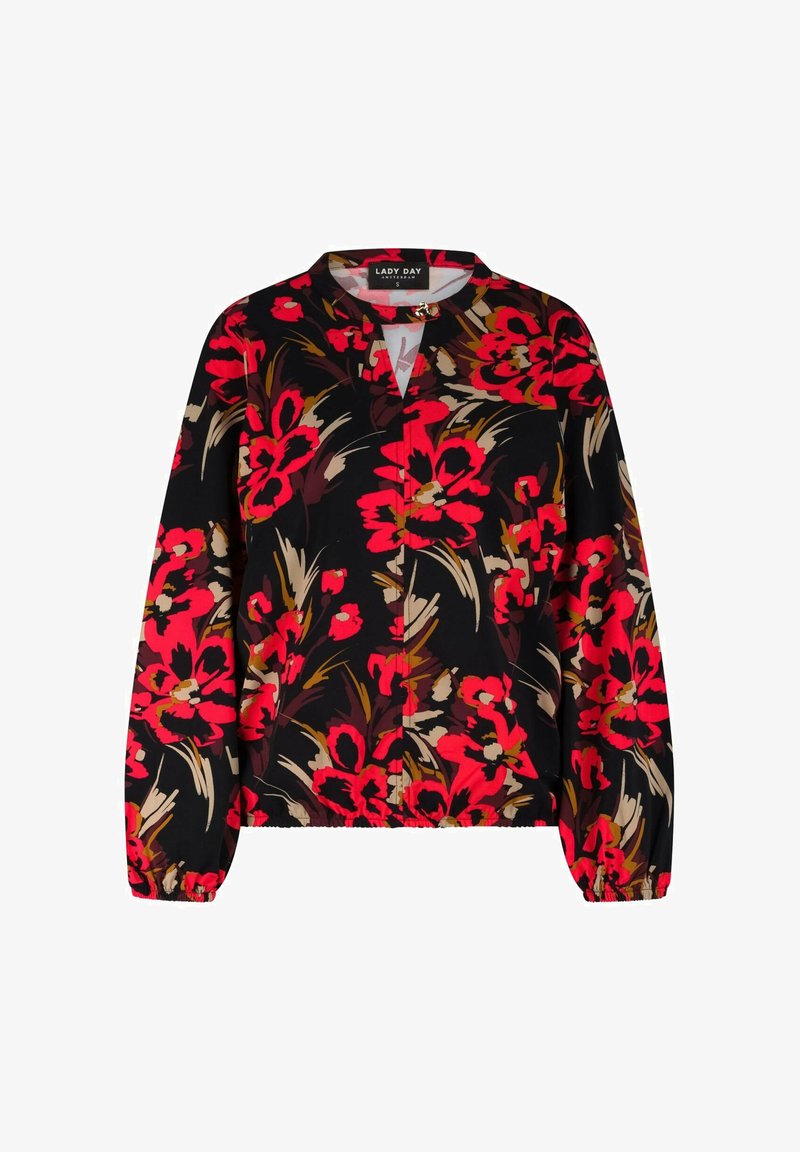 Zwarte bloes met bloemen in rood, beige en bruin. Heeft een relaxed fit, lange mouwen en een gebandezoom. V-hals ontwerp.