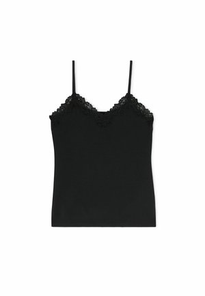 Haut camisole noir avec bretelles fines et bordure en dentelle le long du décolleté et des bords supérieurs.