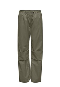 Olijfgroene broek van lichtgewicht stof, met een elastische tailleband en een trekkoord, en grote zijzakken.