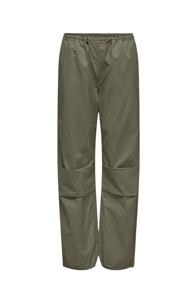Olijfgroene broek van lichtgewicht stof, met een elastische tailleband en een trekkoord, en grote zijzakken.