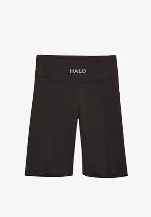Zwarte knielange sportshort met een hoge tailleband, zijzak en "HALO" in het wit gedrukt op de voorste tailleband.