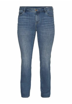 Svijetloplave traperice ravnog kroja, s prednjim zatvaračem na gumbe, pet džepova i suptilnim izblijeđenjem za teksturu.