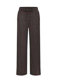 Dark brown, wide-leg pants made of soft fabric. Features an elastic waistband with an adjustable drawstring and side pockets.