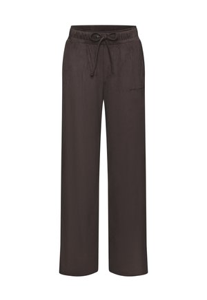 Dark brown, wide-leg pants made of soft fabric. Features an elastic waistband with an adjustable drawstring and side pockets.