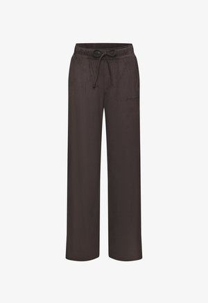 Dark brown, wide-leg pants made of soft fabric. Features an elastic waistband with an adjustable drawstring and side pockets.