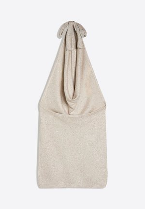 Sac en tissu beige tricoté avec deux petites poignées nouées, posé à plat sur fond blanc.