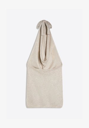 Sac en tissu beige tricoté avec deux petites poignées nouées, posé à plat sur fond blanc.