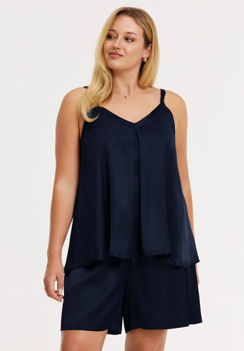 Marineblaues Schlafset aus Satin mit einem ärmellosen Oberteil mit V-Ausschnitt und Knopfdetail, kombiniert mit passenden Shorts mit elastischem Bund.