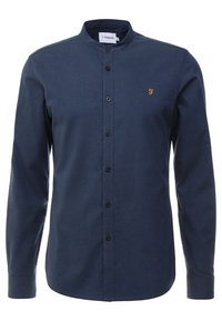 Marineblauw overhemd met lange mouwen en knopen, voorzien van een mandarinekraag en een klein gouden "F"-logo op de linkerkant van de borst.