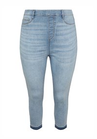 Jeans in denim azzurro chiaro con fitting slim, cinque tasche e lunghezza leggermente accorciata. Presentano una leggera scoloritura e un orlo dritto.