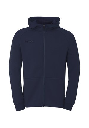 Marineblauwe hoodie met volledige rits, voorzakken, lange mouwen en capuchon. Het Kempa-logo is geborduurd op de linkerborst.