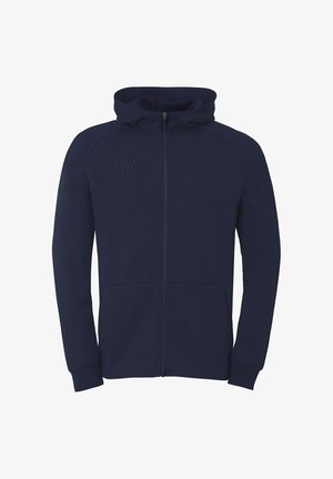 Sweat à capuche bleu marine zippé intégral avec poches avant, manches longues et capuche. Le logo Kempa est brodé sur la poitrine gauche.