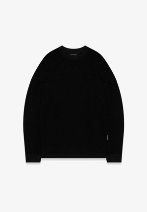 Zwart gebreid top met lange mouwen en een ronde halslijn. Bevat een textuurstof en een klein logo op de borst. Eenvoudig ontwerp, relaxte pasvorm.