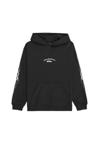 Čierna mikina s kapucňou a bielym logom Quiksilver na hrudi, strieborné tribal vzory po celej dĺžke oboch rukávov, predné vrecko a rebrované manžety.