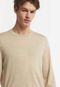 Beige långärmad tröja med rund hals i mjukt, fint stickat material, med en enkel, slät yta och minimalistisk design.