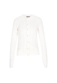 Cardigan blanc en maille avec un motif torsadé, doté de manches longues, d'un col rond et de boutons en perle sur le devant.