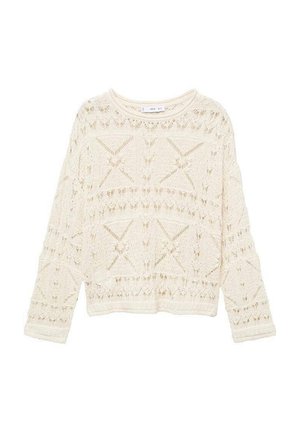 Cream-colored knitted sweater featuring a geometric openwork pattern, long sleeves, and a round neckline with a slightly cropped hem.