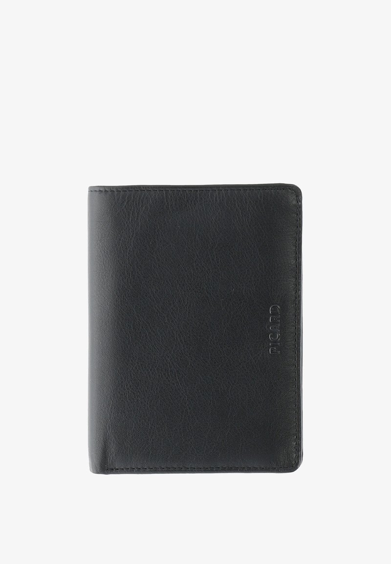 Black leather bifold wallet with textured surface and stitched edges, brand name embossed near the bottom right corner.