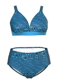 Sininen bikinit-setti, jossa on kuviollinen yläosa, jossa on kalakuosia, ja korkeavyötäröiset alaosat. Sileä materiaali ja säädettävät hihnat.