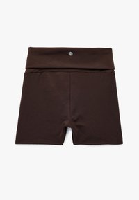 Donkerbruine hoge taille stretch fietsbroek met een gevouwen tailleband en een klein rond logo in het midden op de achterkant.