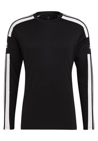 Maglietta nera a maniche lunghe con strisce laterali bianche, scollo rotondo e logo Adidas sulla parte superiore del braccio. Realizzata in tessuto leggero.