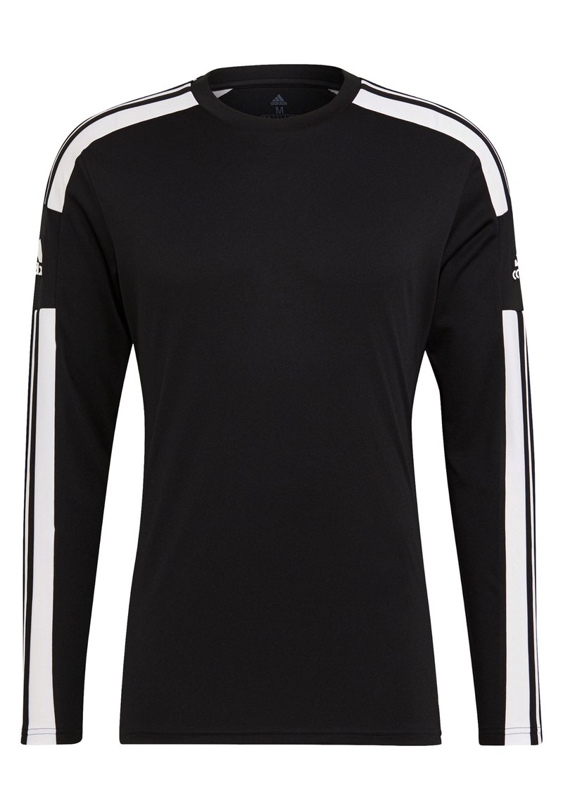 Maglietta nera a maniche lunghe con strisce laterali bianche, scollo rotondo e logo Adidas sulla parte superiore del braccio. Realizzata in tessuto leggero.