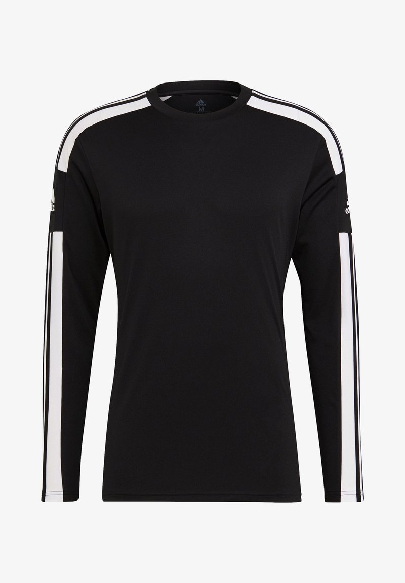 Maglietta nera a maniche lunghe con strisce laterali bianche, scollo rotondo e logo Adidas sulla parte superiore del braccio. Realizzata in tessuto leggero.