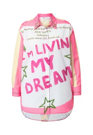 Button-up shirt with a white base, large pink text, green accents, and multicolor sleeves. Features playful star graphics and script.