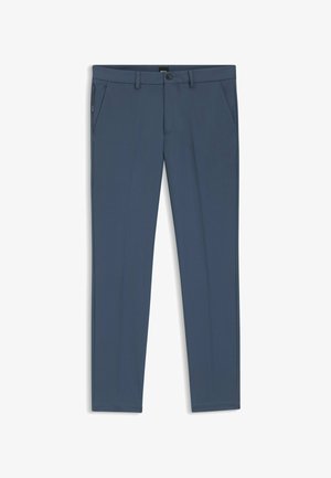 Pantaloni slim-fit in blu scuro, realizzati in tessuto leggero. Presentano tasche anteriori e una tasca con zip sul lato destro.