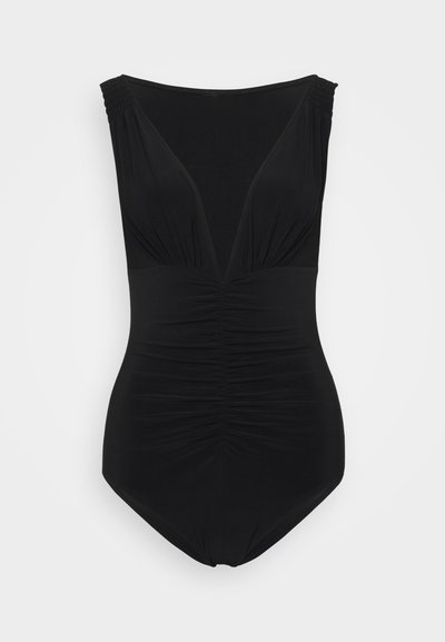Čierne jednodielne plavky s hlbokým V-výstrihom, zhrnutou textúrou na hrudi a páse, s širokými ramienkami a hladkým materiálom.