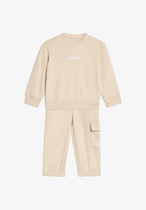 Beige Sweatshirt- und Hosen-Set aus Baumwollmix. Der Sweatshirt hat einen Rundhalsausschnitt und gerippte Bündchen; die Hose verfügt über eine Cargo-Tasche und elastische Bündchen.