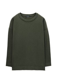 Zielony, oversize'owy sweter z okrągłym dekoltem, długimi rękawami i miękką teksturą. Posiada prosty dół i minimalistyczny design.