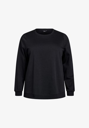 Sudadera negra de manga larga hecha de una suave mezcla de algodón. Presenta un cuello redondo, puños acanalados y un corte relajado con un dobladillo ligeramente curvado.