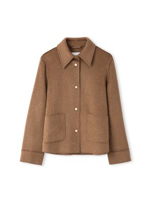 Veste en mélange de laine marron avec un col classique, fermeture à boutons, deux poches avant et des détails de couture contrastés. Texture lisse et forme structurée.