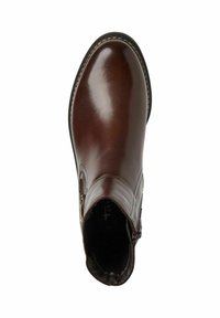 Brązowy skórzany botek za kostkę o gładkim wykończeniu, okrągłym nosku, z bocznym zamkiem błyskawicznym i kontrastowym przeszyciem wzdłuż podeszwy. Klasyczny i elegancki design.