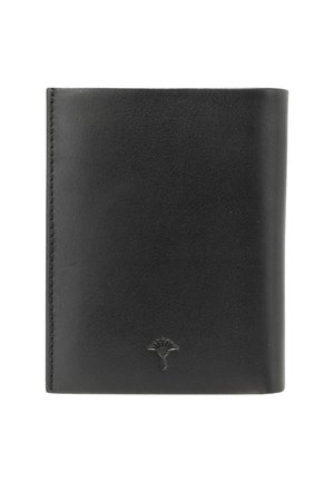 Portafoglio bifold in pelle nera con piccolo logo albero in rilievo sulla parte anteriore, in basso al centro, e bordi cuciti.