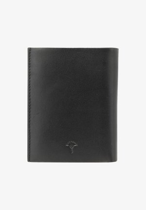 Portafoglio bifold in pelle nera con piccolo logo albero in rilievo sulla parte anteriore, in basso al centro, e bordi cuciti.