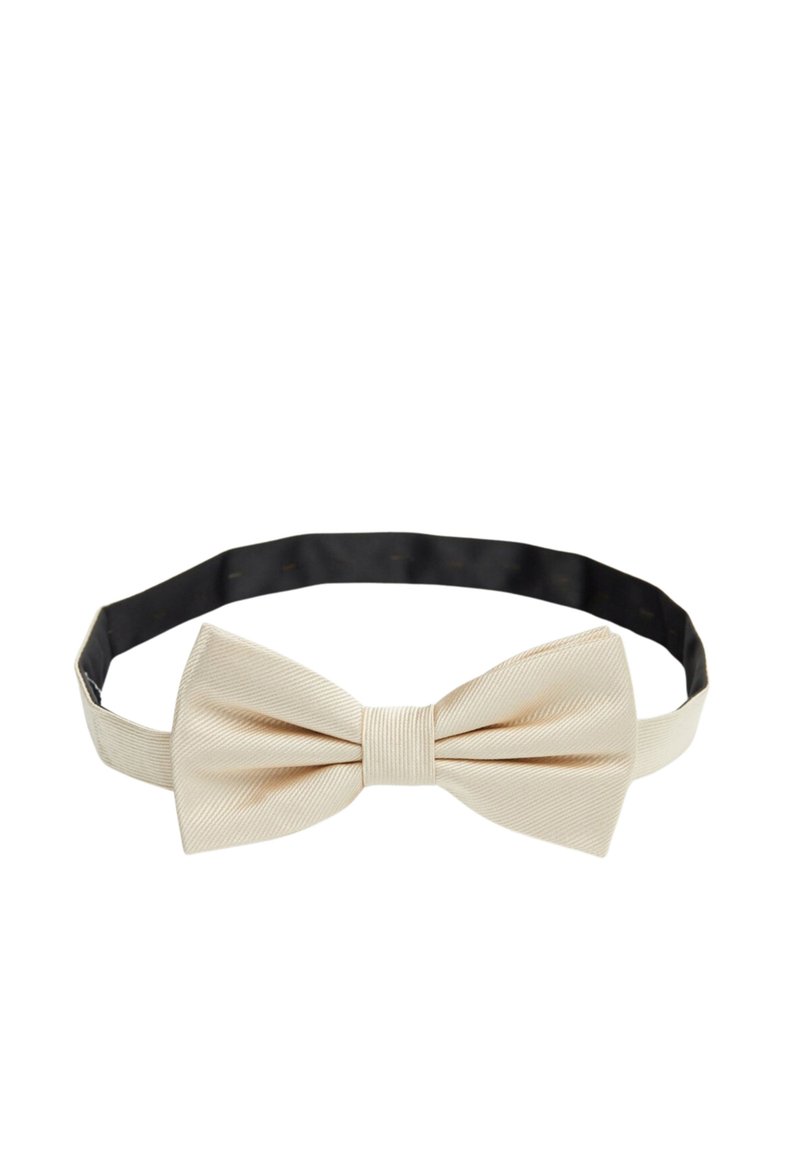 Beige silkeslips med en texturerad yta och platt form, fäst vid ett svart justerbart band för säker användning.