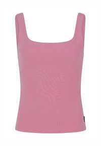 Roze geribbelde tanktop met een vierkante halslijn, mouwloos ontwerp en een aansluitende pasvorm. Gladde textuur zonder zichtbare patronen of accenten.