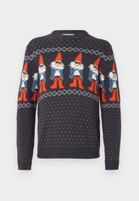 Marineblaues Sweatshirt mit Gartenzwerg-Motiven und Punkten. Hergestellt aus gestricktem Stoff, mit rundem Halsausschnitt und gerippten Bündchen.